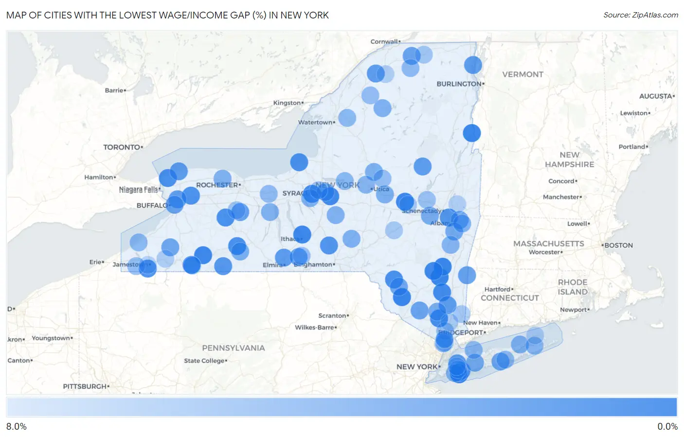 Cities with the Lowest Wage/Income Gap (%) in New York Map