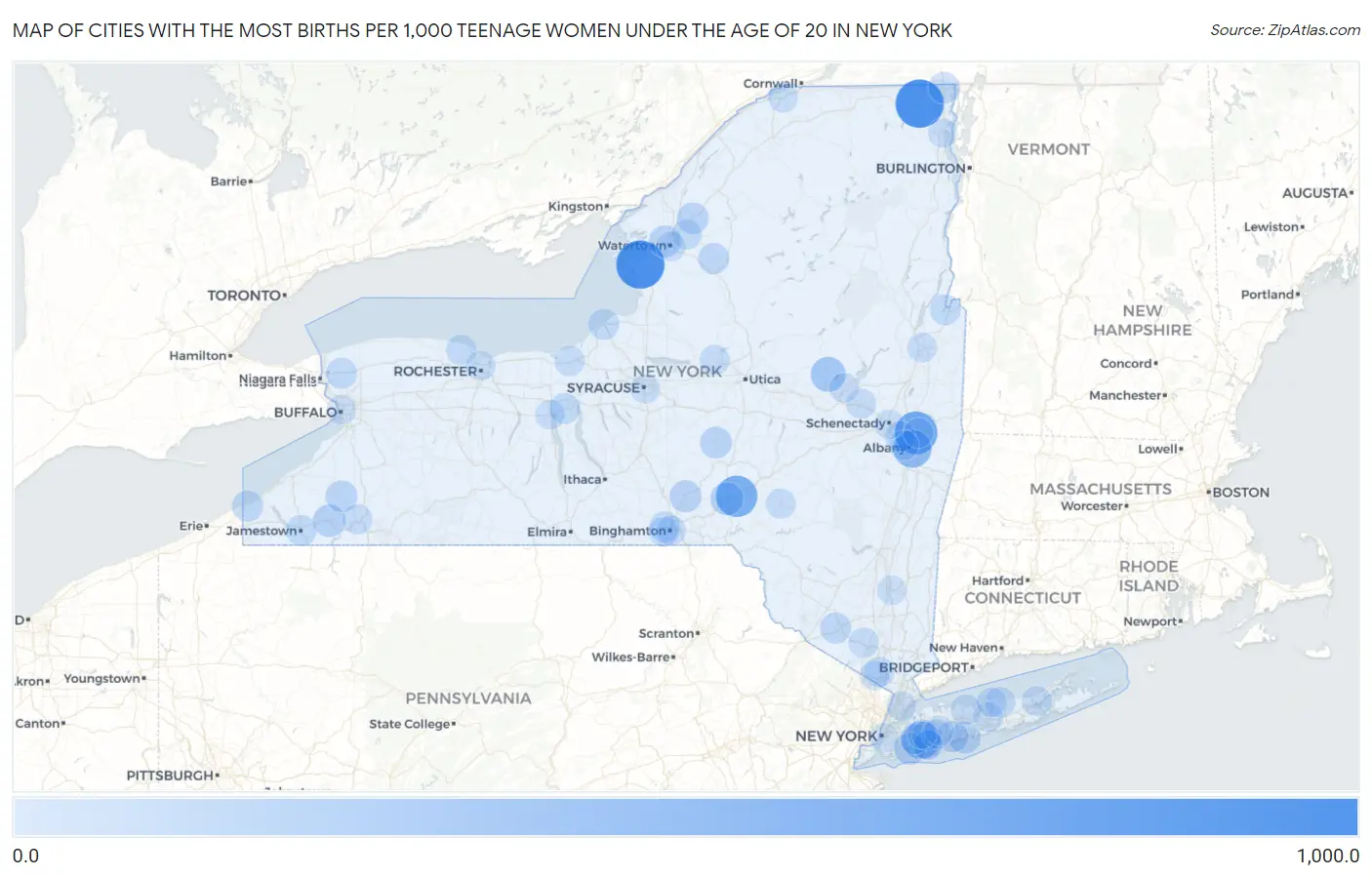 Cities with the Most Births per 1,000 Teenage Women Under the Age of 20 in New York Map
