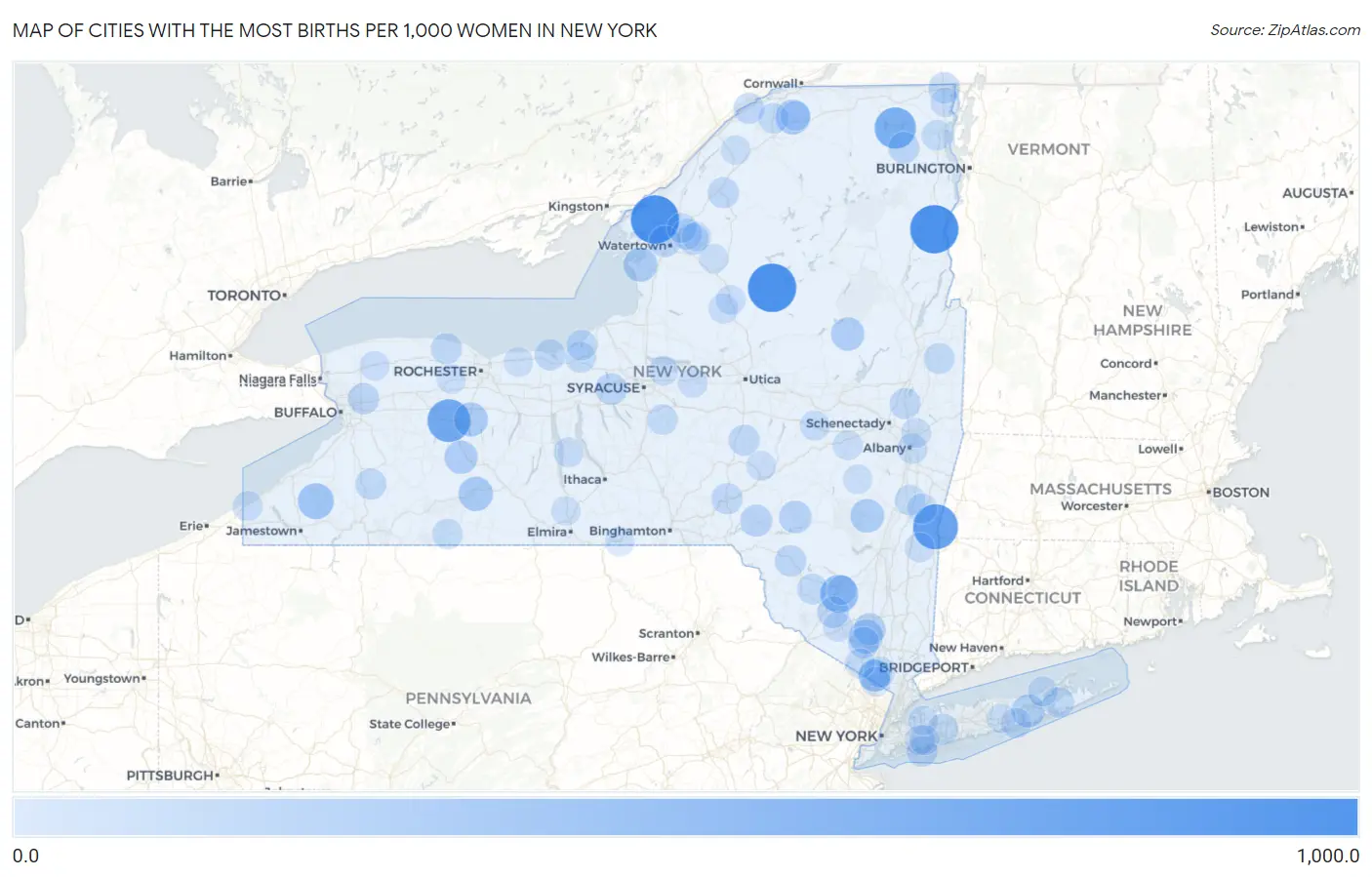 Cities with the Most Births per 1,000 Women in New York Map