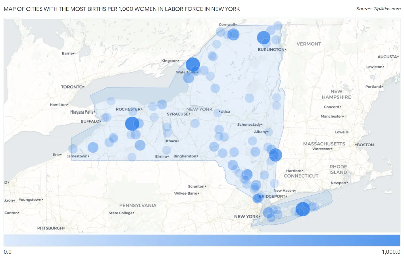 Cities with the Most Births per 1,000 Women in Labor Force in New York Map