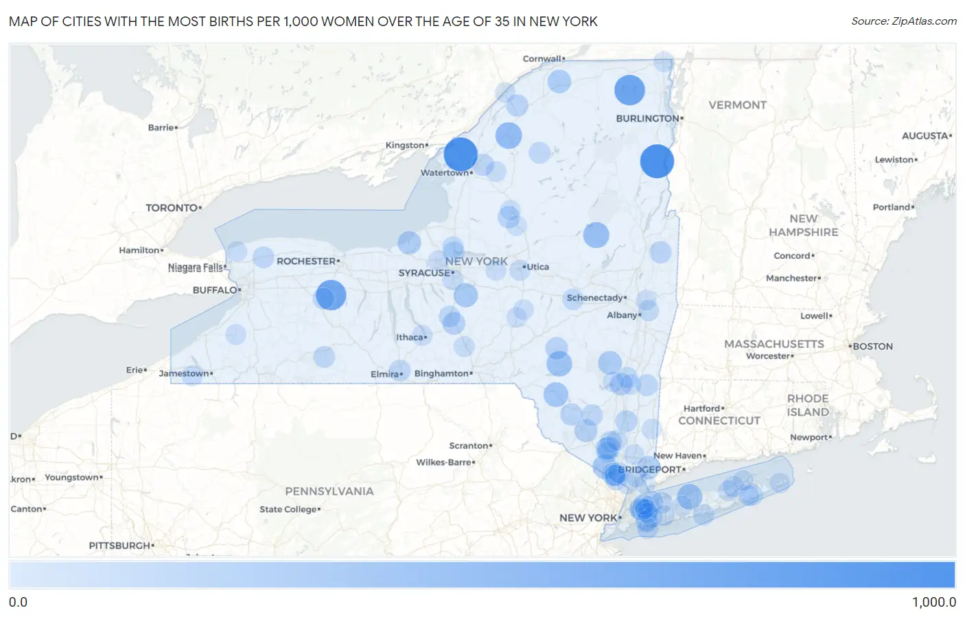 Cities with the Most Births per 1,000 Women Over the Age of 35 in New York Map