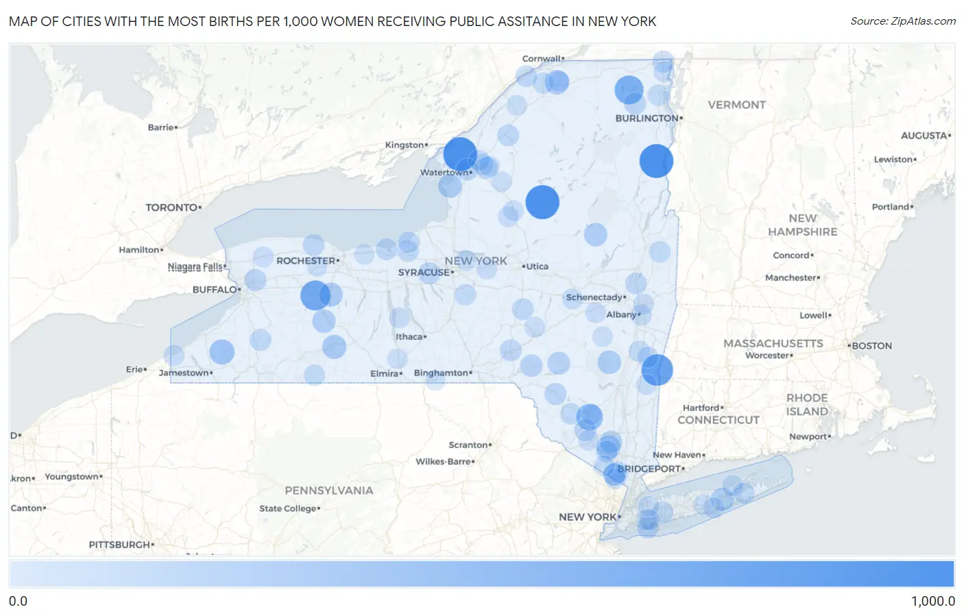 Cities with the Most Births per 1,000 Women Receiving Public Assitance in New York Map