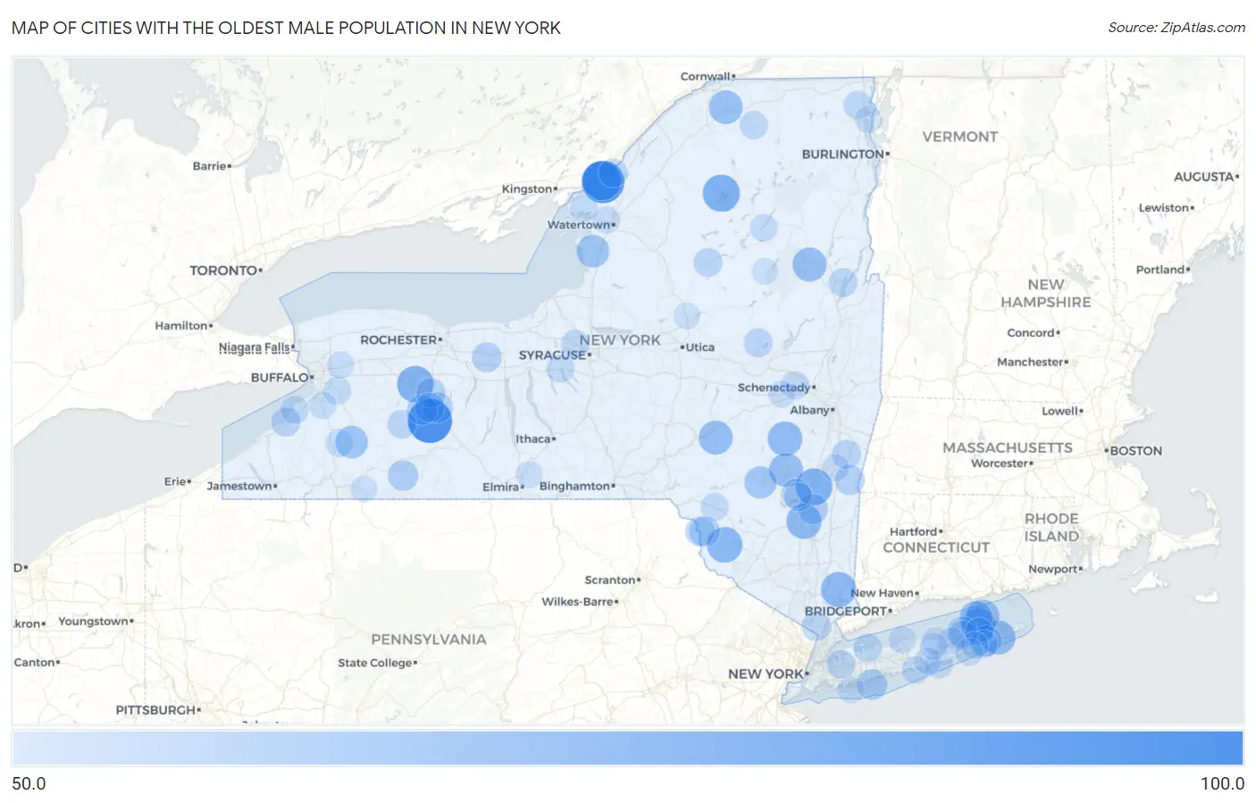 Cities with the Oldest Male Population in New York Map