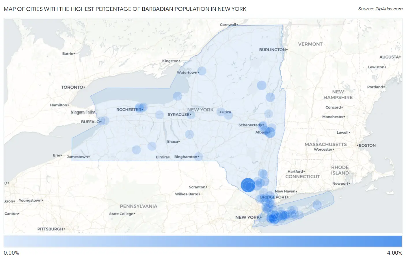 Cities with the Highest Percentage of Barbadian Population in New York Map