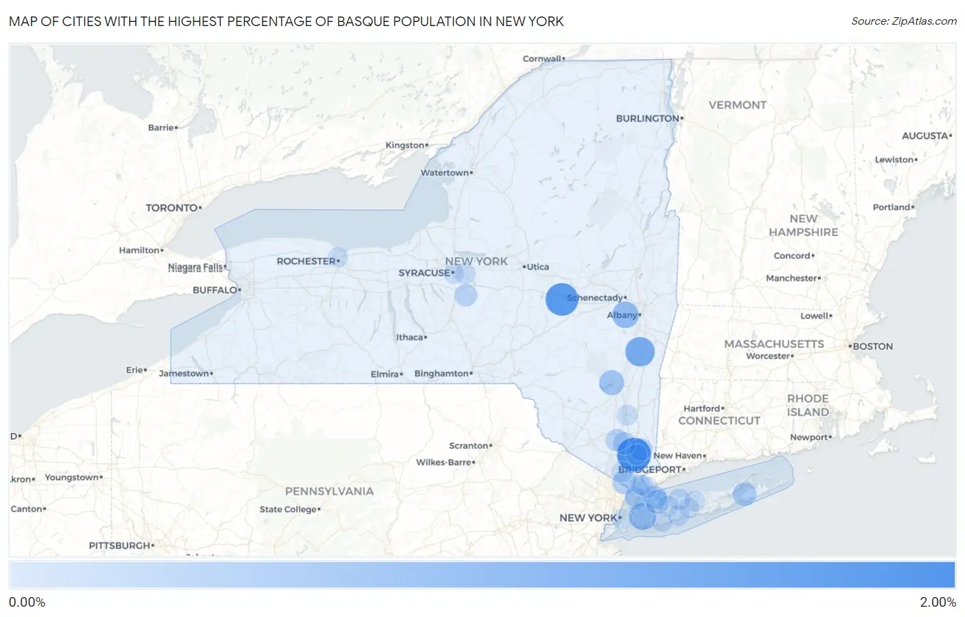 Cities with the Highest Percentage of Basque Population in New York Map