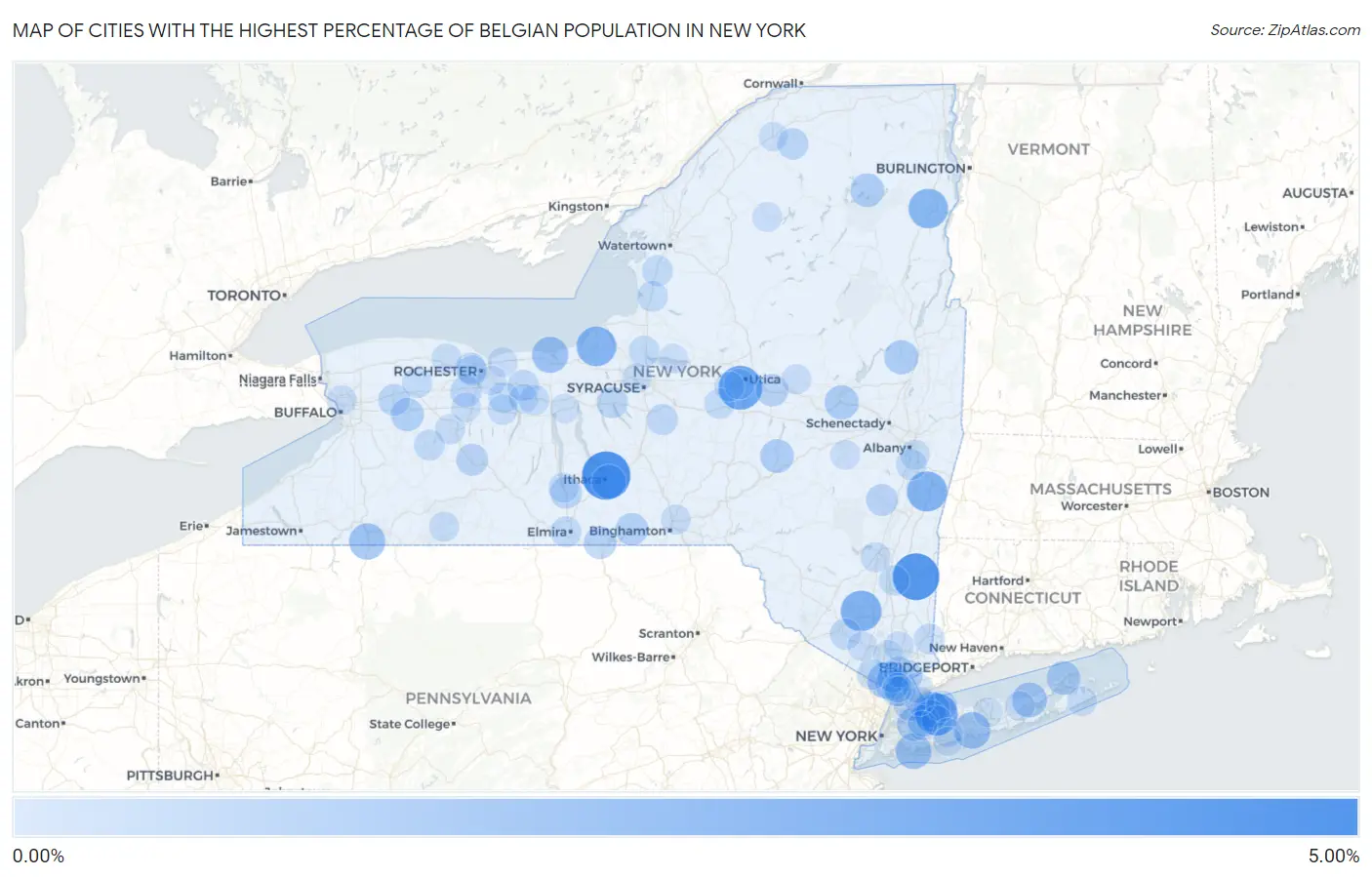 Cities with the Highest Percentage of Belgian Population in New York Map