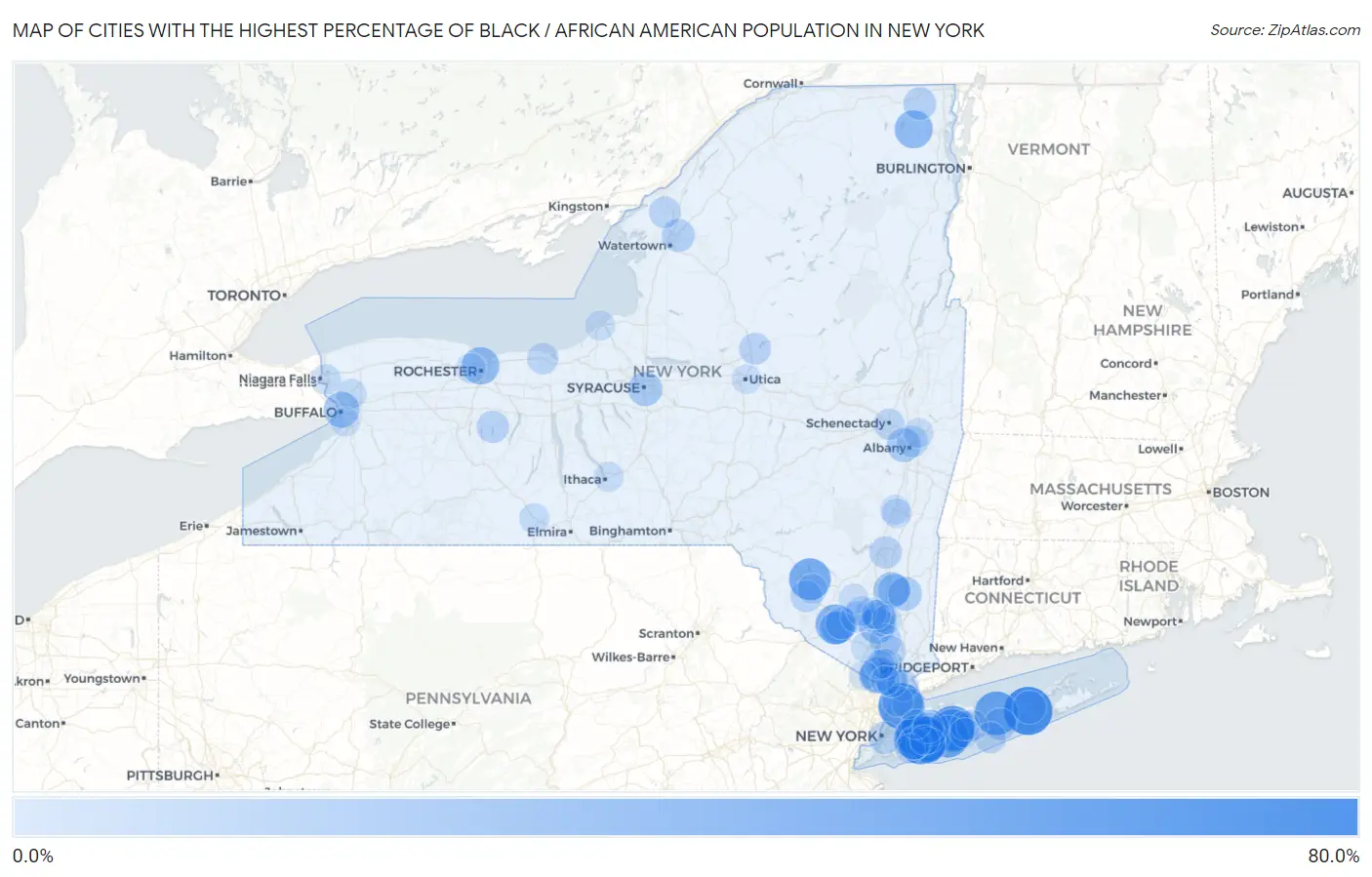 Cities with the Highest Percentage of Black / African American Population in New York Map