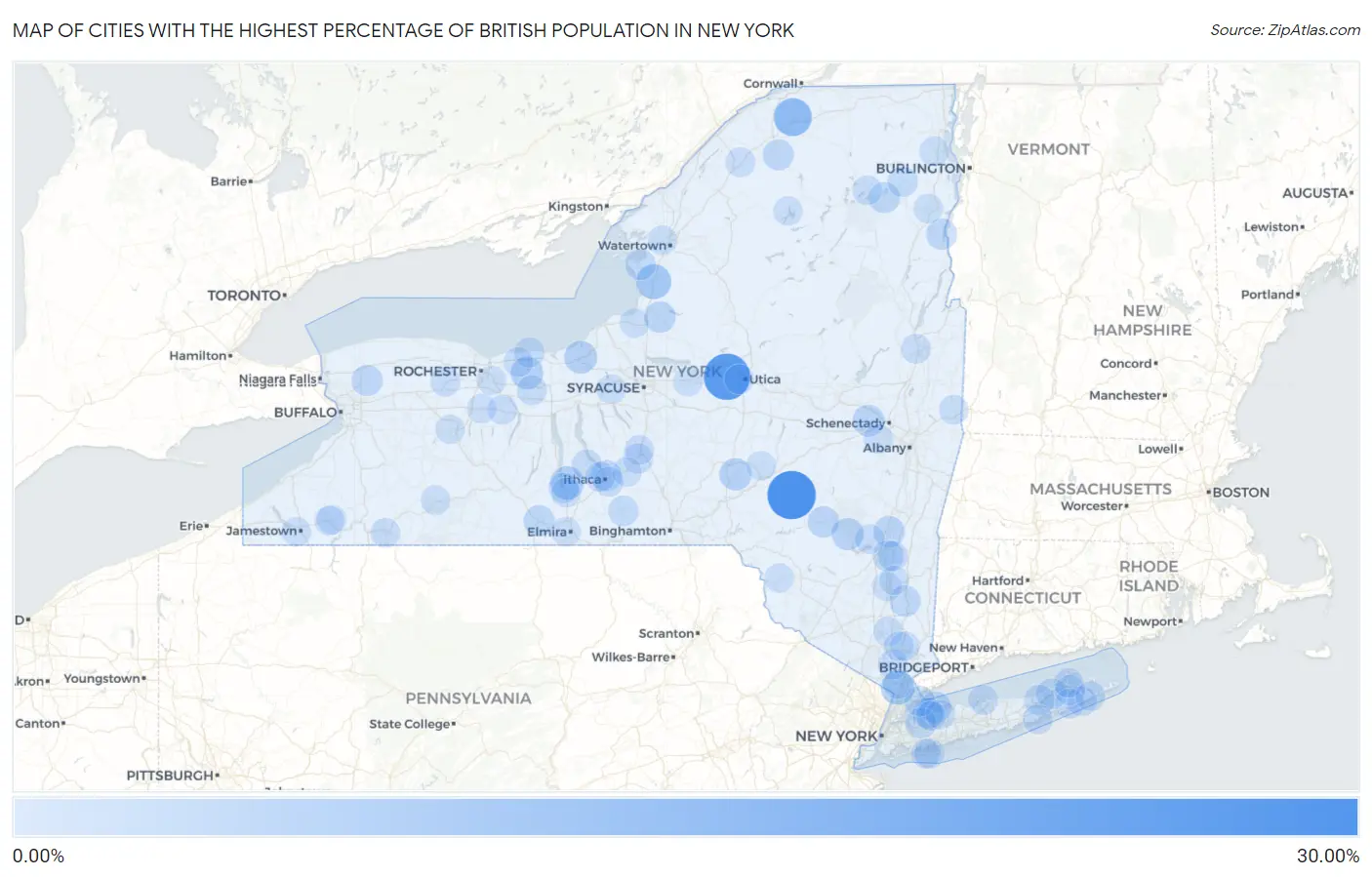 Cities with the Highest Percentage of British Population in New York Map