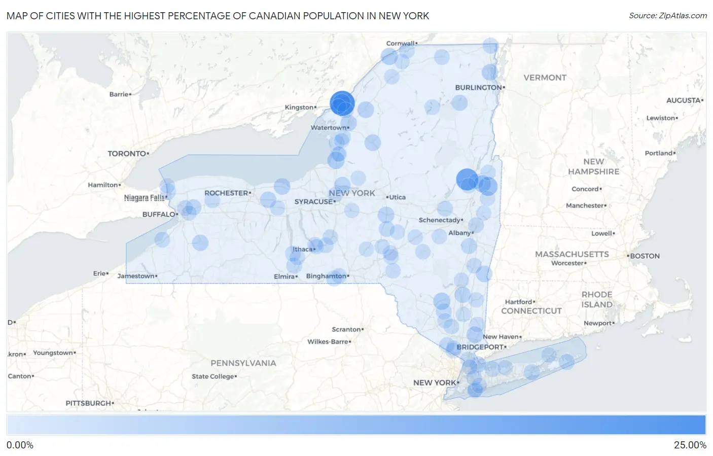 Cities with the Highest Percentage of Canadian Population in New York Map