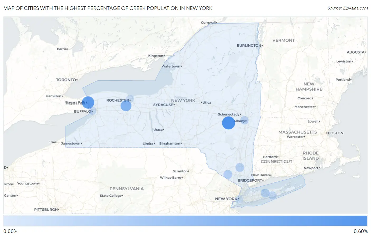 Cities with the Highest Percentage of Creek Population in New York Map