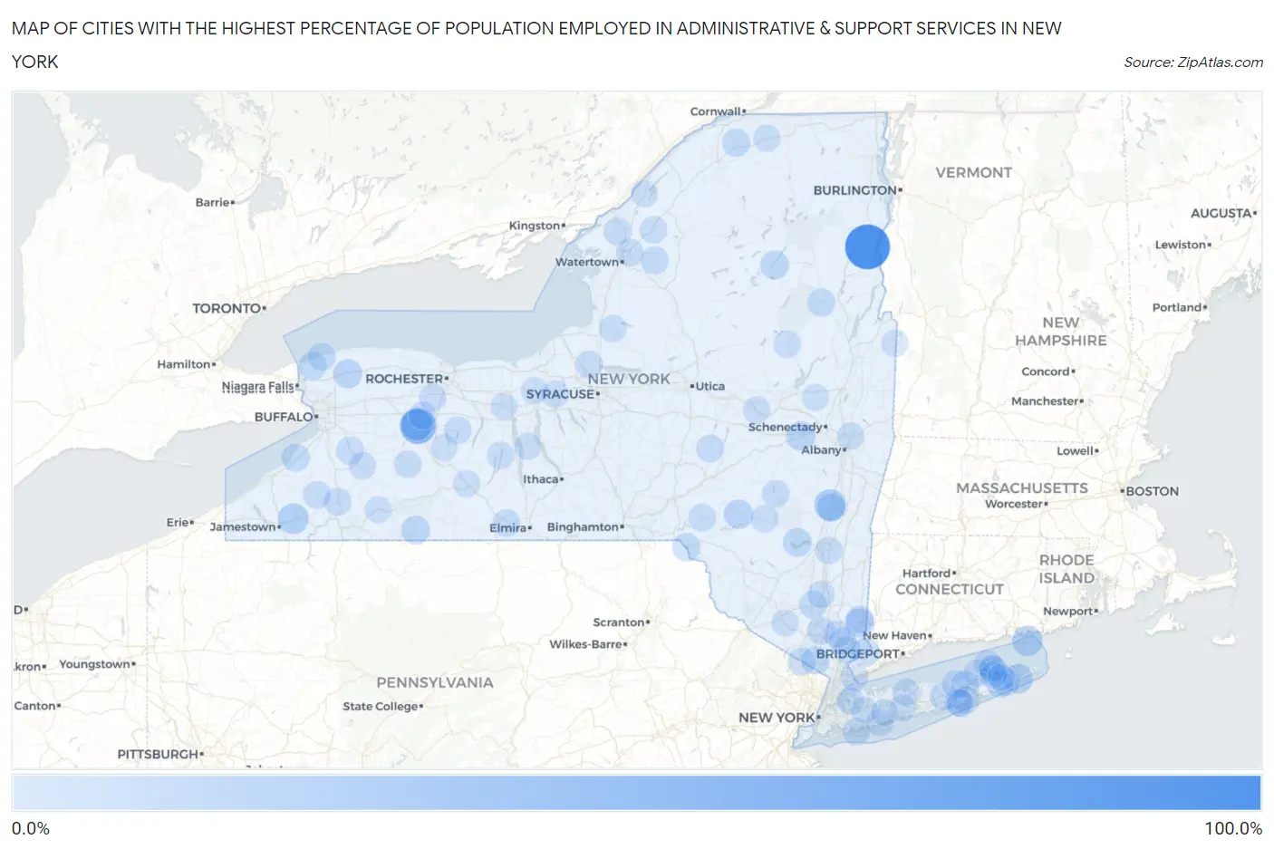 Cities with the Highest Percentage of Population Employed in Administrative & Support Services in New York Map