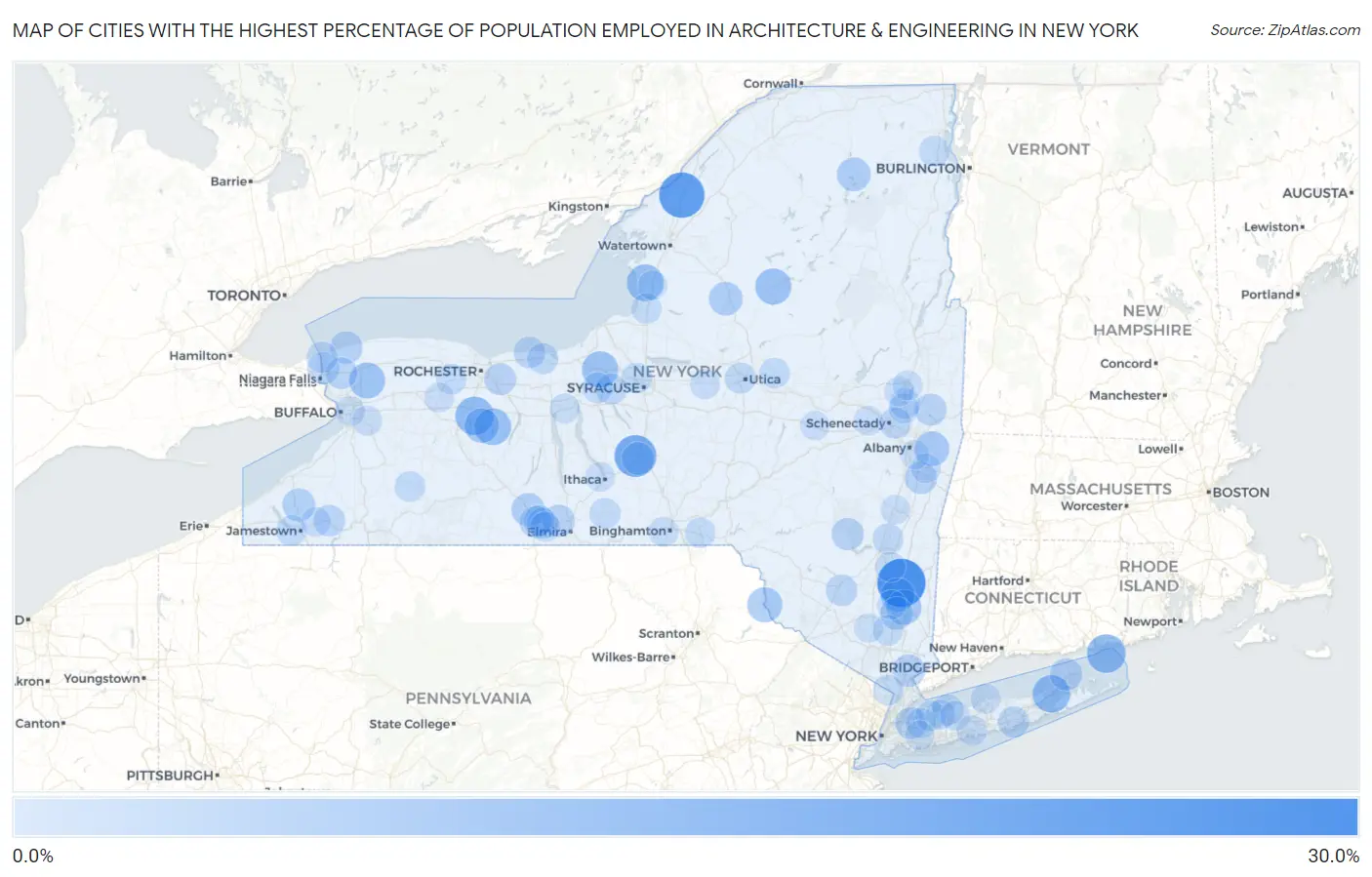 Cities with the Highest Percentage of Population Employed in Architecture & Engineering in New York Map