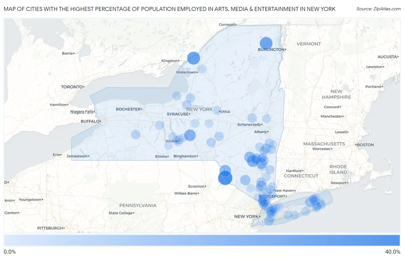 Cities with the Highest Percentage of Population Employed in Arts, Media & Entertainment in New York Map