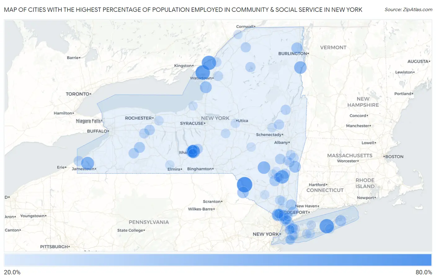Cities with the Highest Percentage of Population Employed in Community & Social Service  in New York Map