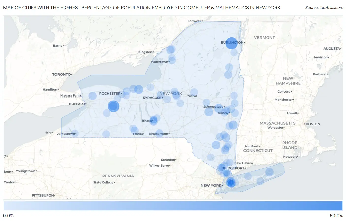 Cities with the Highest Percentage of Population Employed in Computer & Mathematics in New York Map
