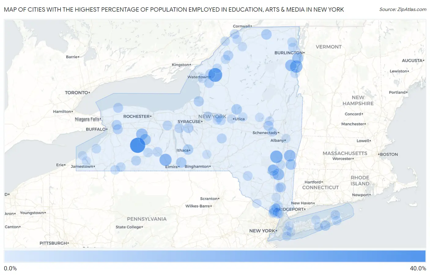 Cities with the Highest Percentage of Population Employed in Education, Arts & Media in New York Map