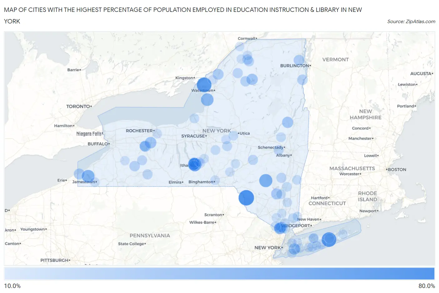 Cities with the Highest Percentage of Population Employed in Education Instruction & Library in New York Map