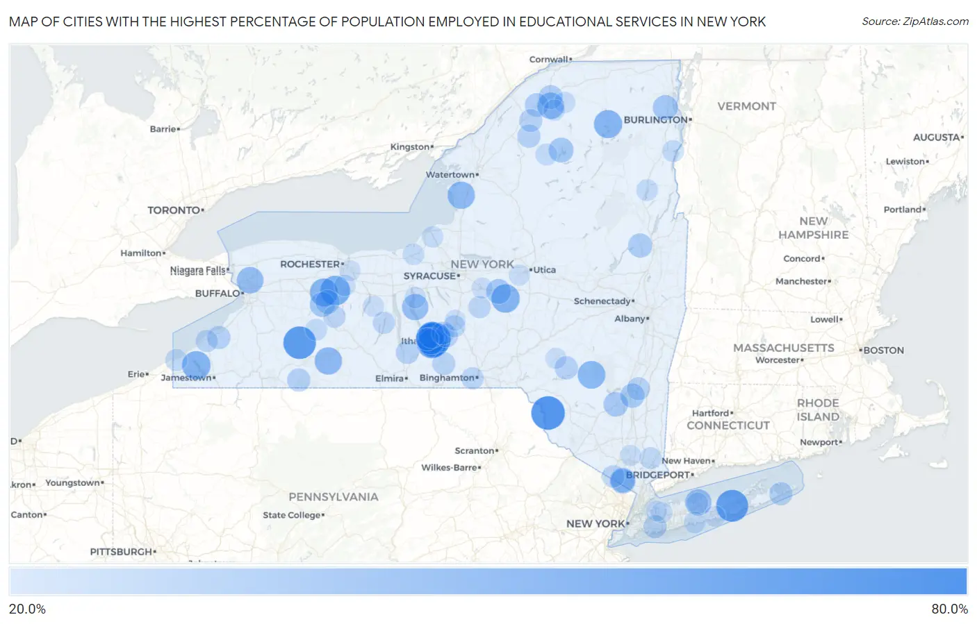 Cities with the Highest Percentage of Population Employed in Educational Services in New York Map