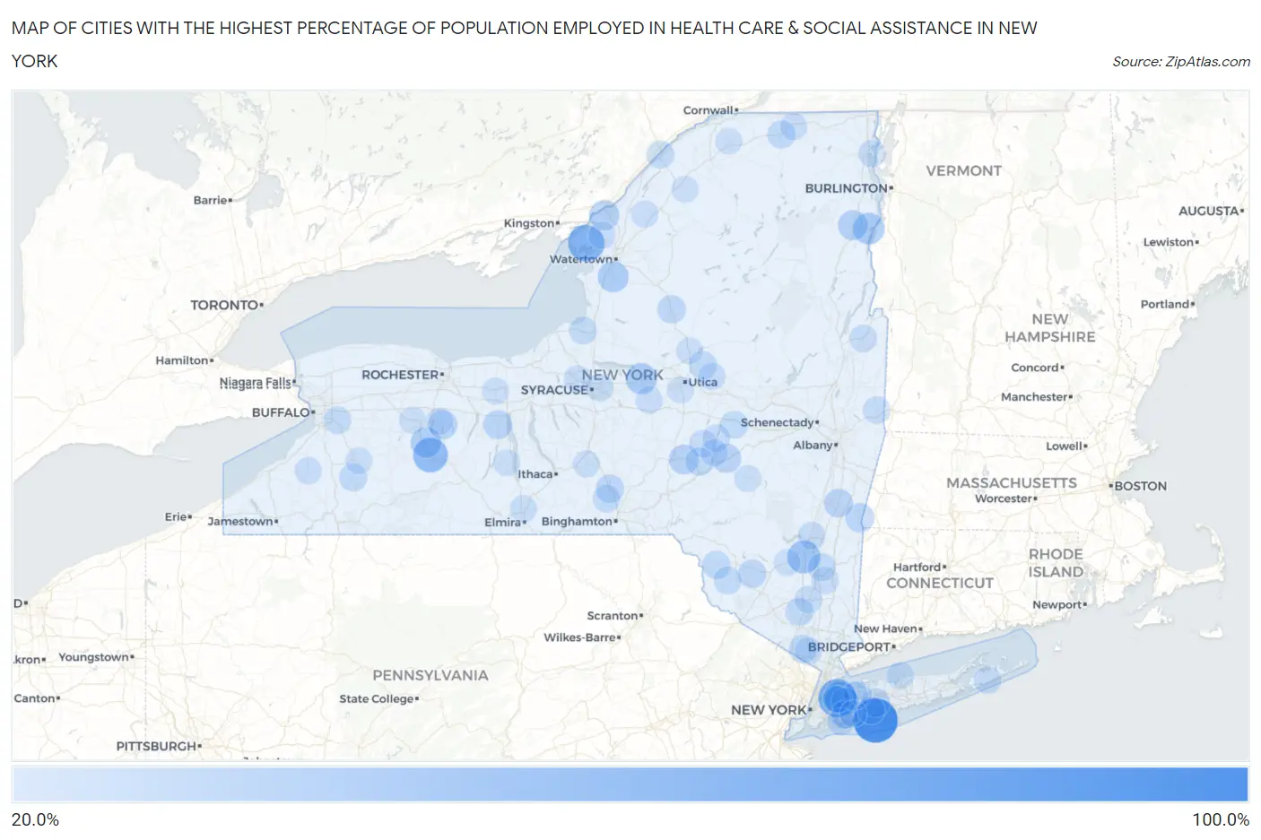 Cities with the Highest Percentage of Population Employed in Health Care & Social Assistance in New York Map