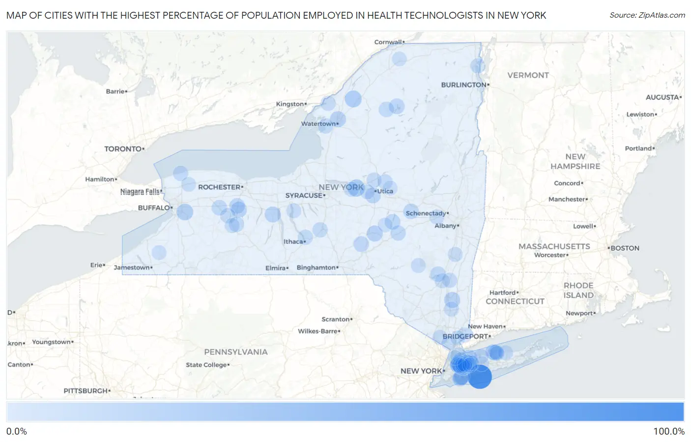 Cities with the Highest Percentage of Population Employed in Health Technologists in New York Map