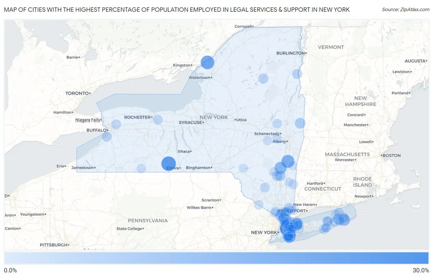 Cities with the Highest Percentage of Population Employed in Legal Services & Support in New York Map