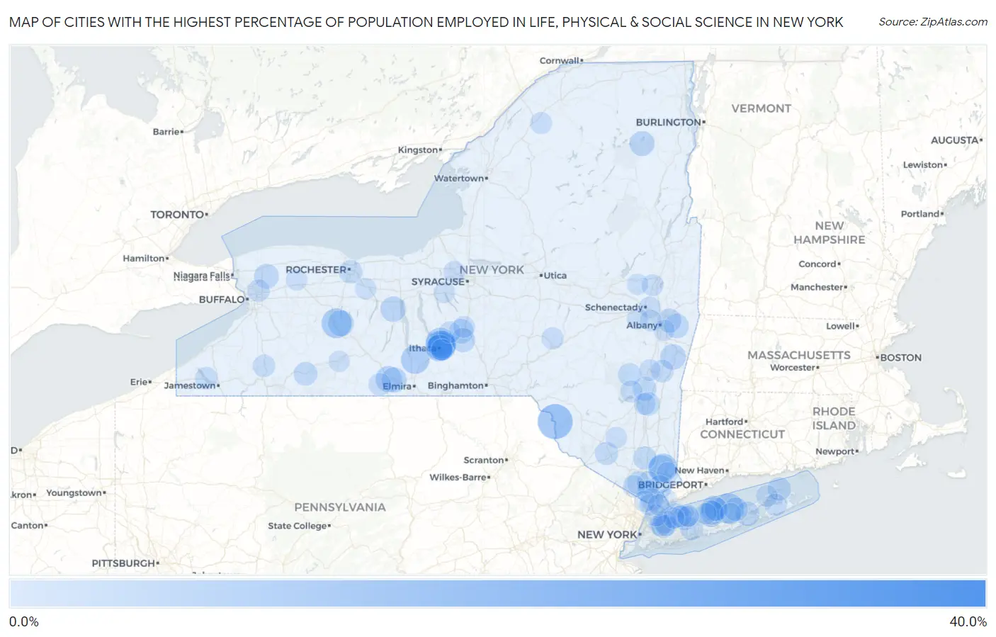Cities with the Highest Percentage of Population Employed in Life, Physical & Social Science in New York Map