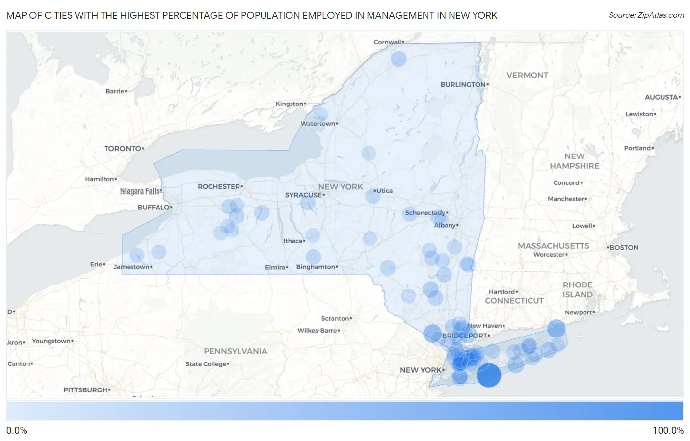 Cities with the Highest Percentage of Population Employed in Management in New York Map