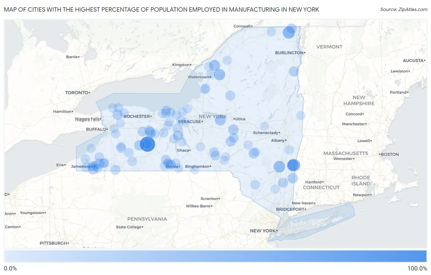 Cities with the Highest Percentage of Population Employed in Manufacturing in New York Map