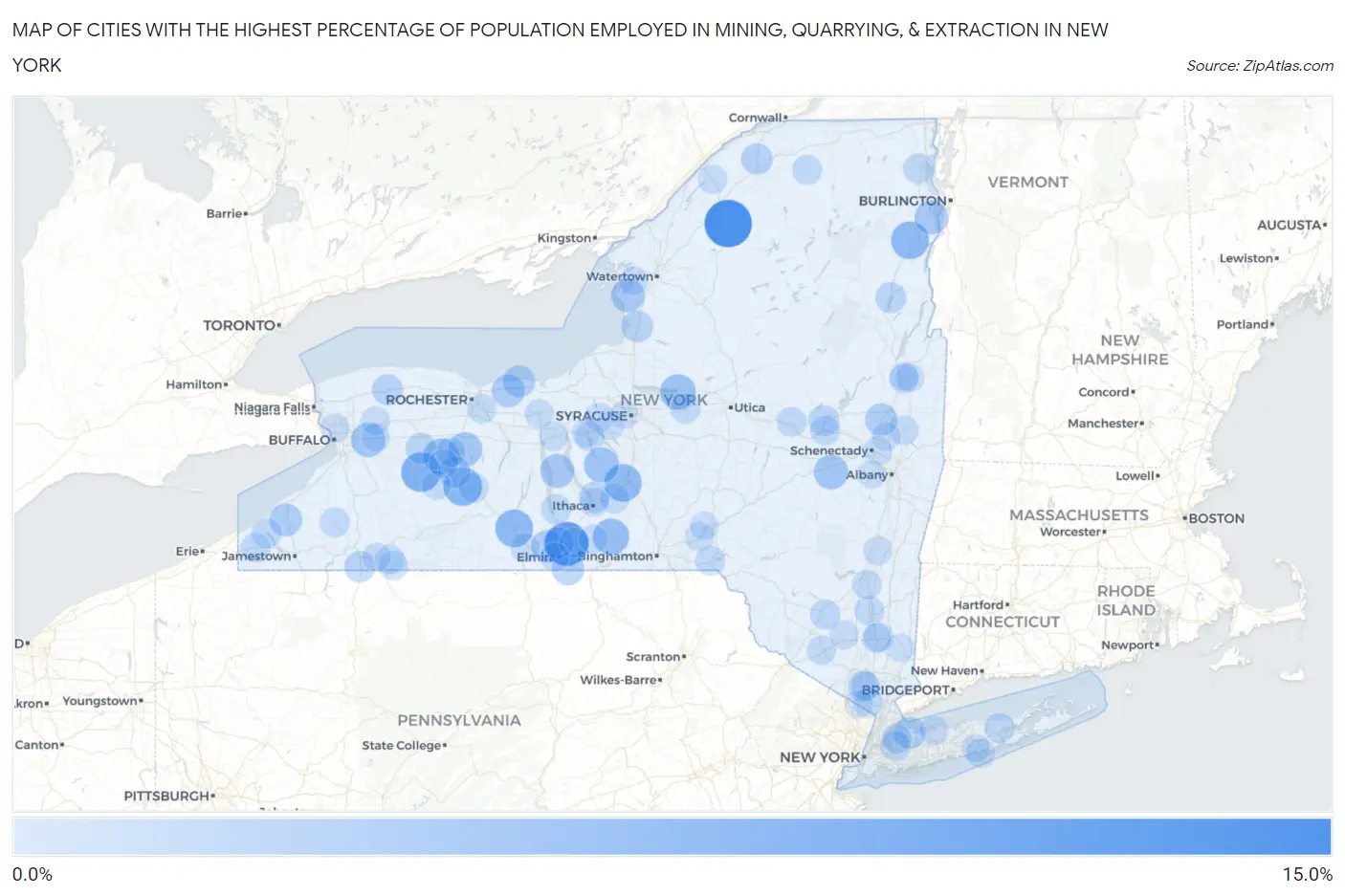 Cities with the Highest Percentage of Population Employed in Mining, Quarrying, & Extraction in New York Map