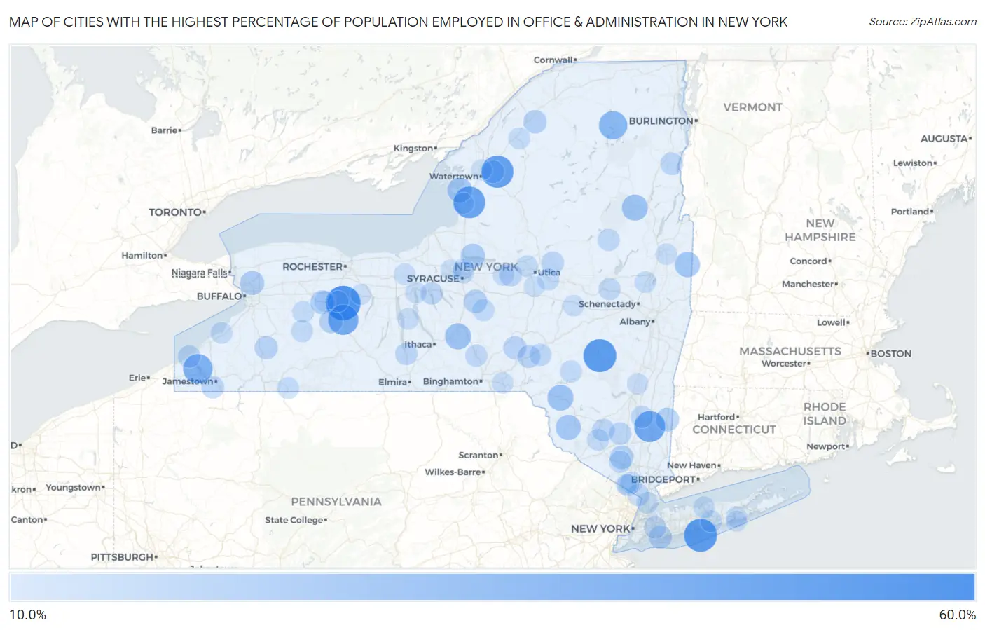 Cities with the Highest Percentage of Population Employed in Office & Administration in New York Map