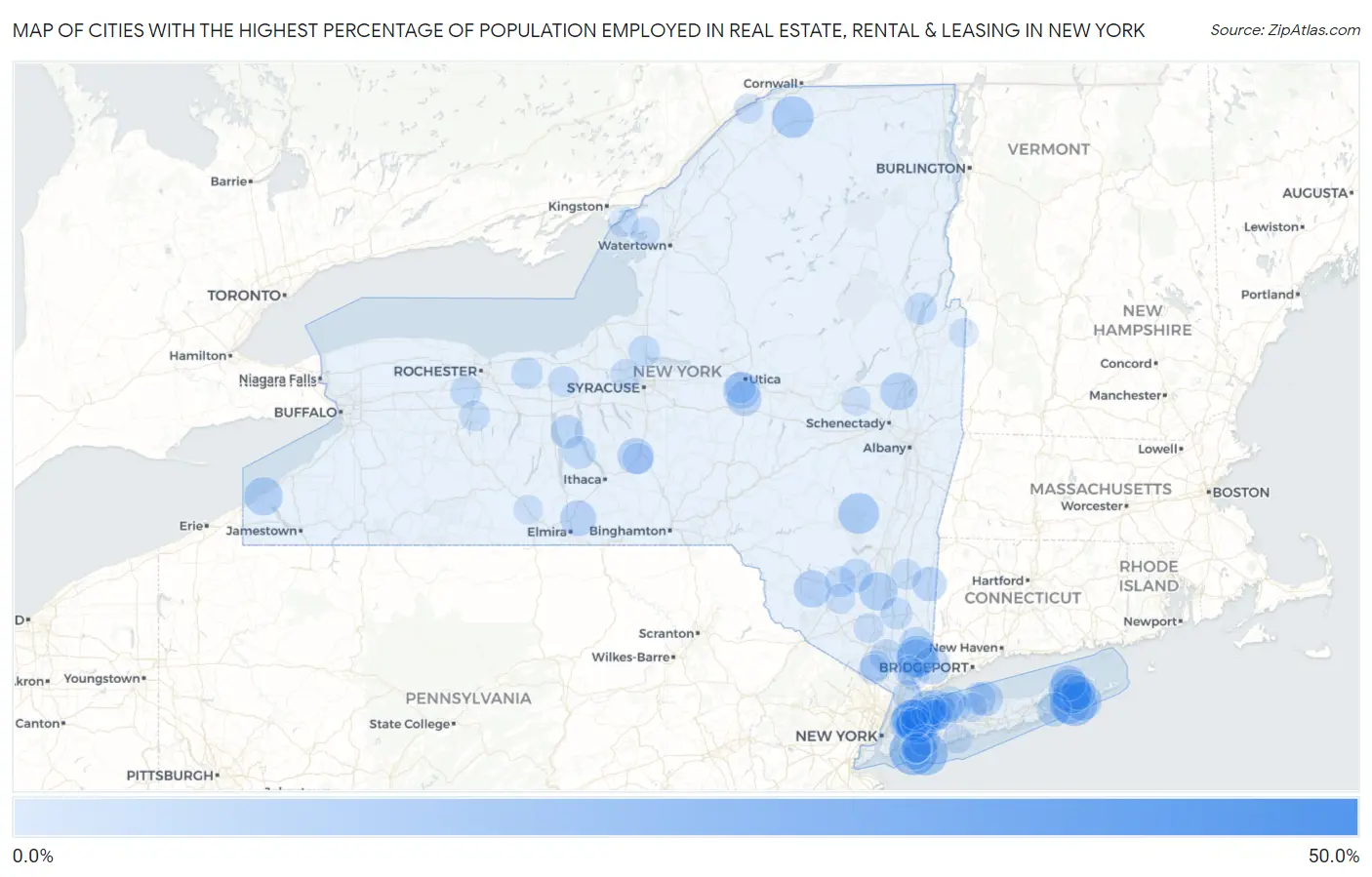 Cities with the Highest Percentage of Population Employed in Real Estate, Rental & Leasing in New York Map