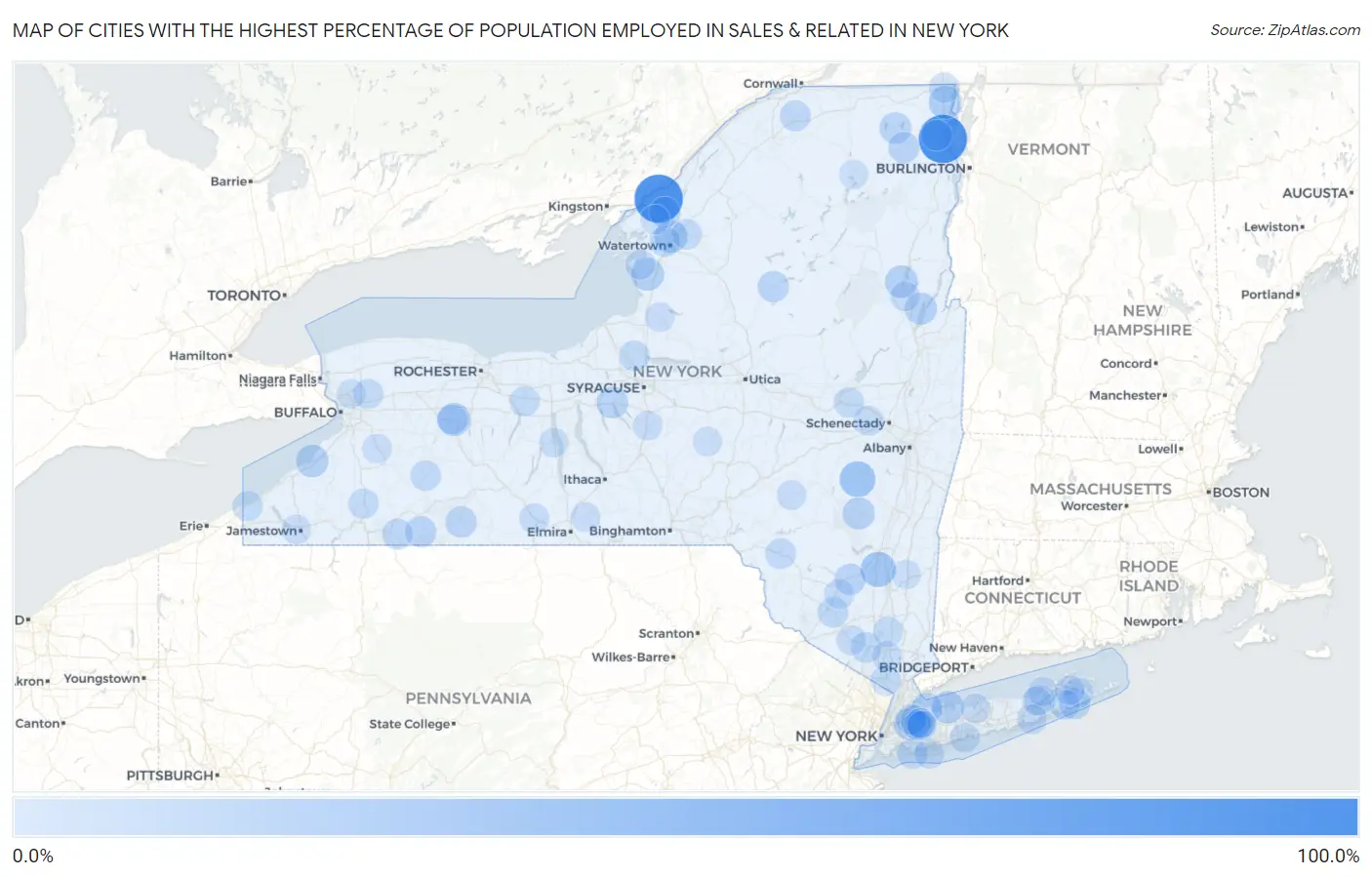 Cities with the Highest Percentage of Population Employed in Sales & Related in New York Map