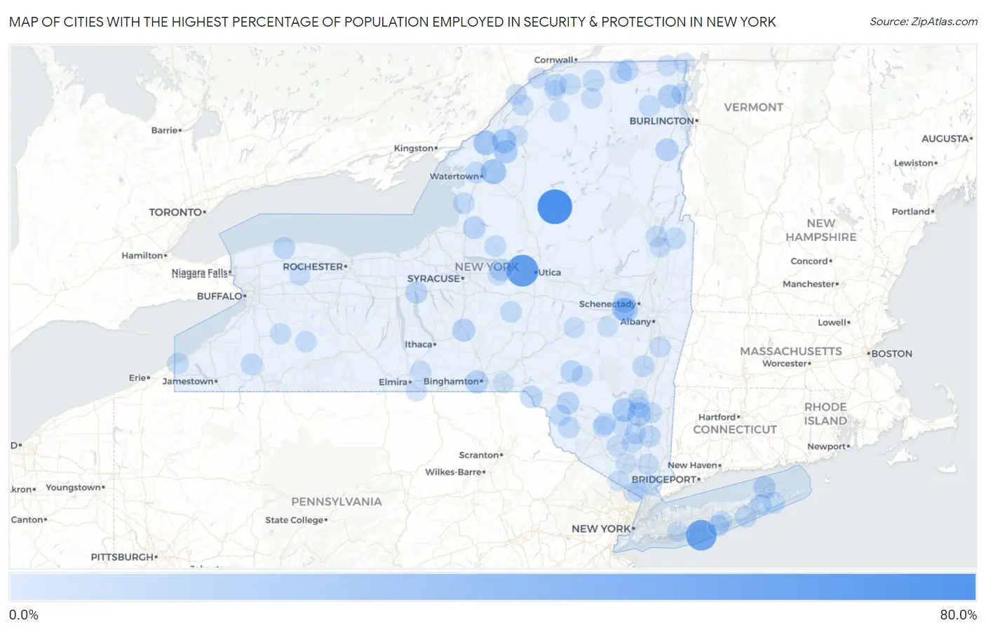 Cities with the Highest Percentage of Population Employed in Security & Protection in New York Map