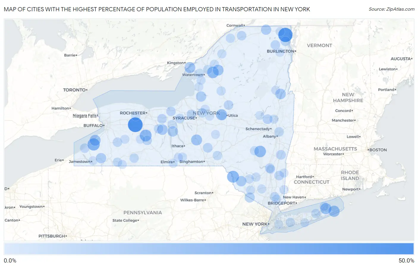 Cities with the Highest Percentage of Population Employed in Transportation in New York Map