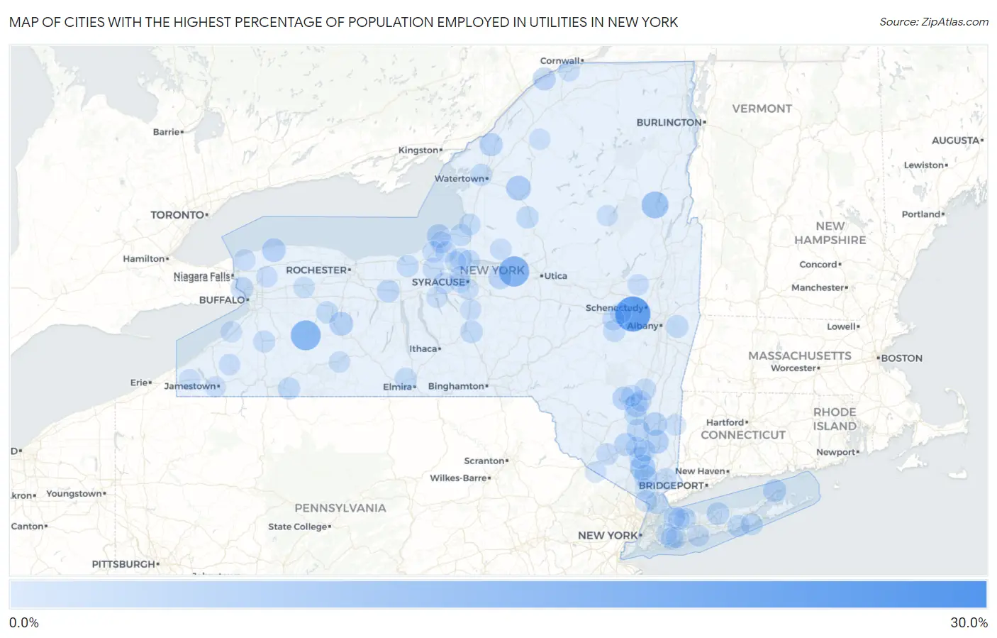 Cities with the Highest Percentage of Population Employed in Utilities in New York Map