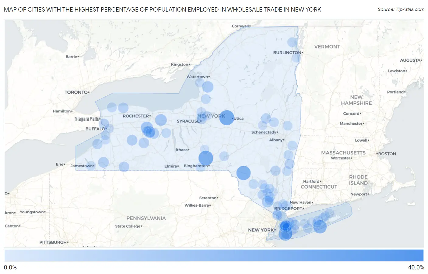Cities with the Highest Percentage of Population Employed in Wholesale Trade in New York Map
