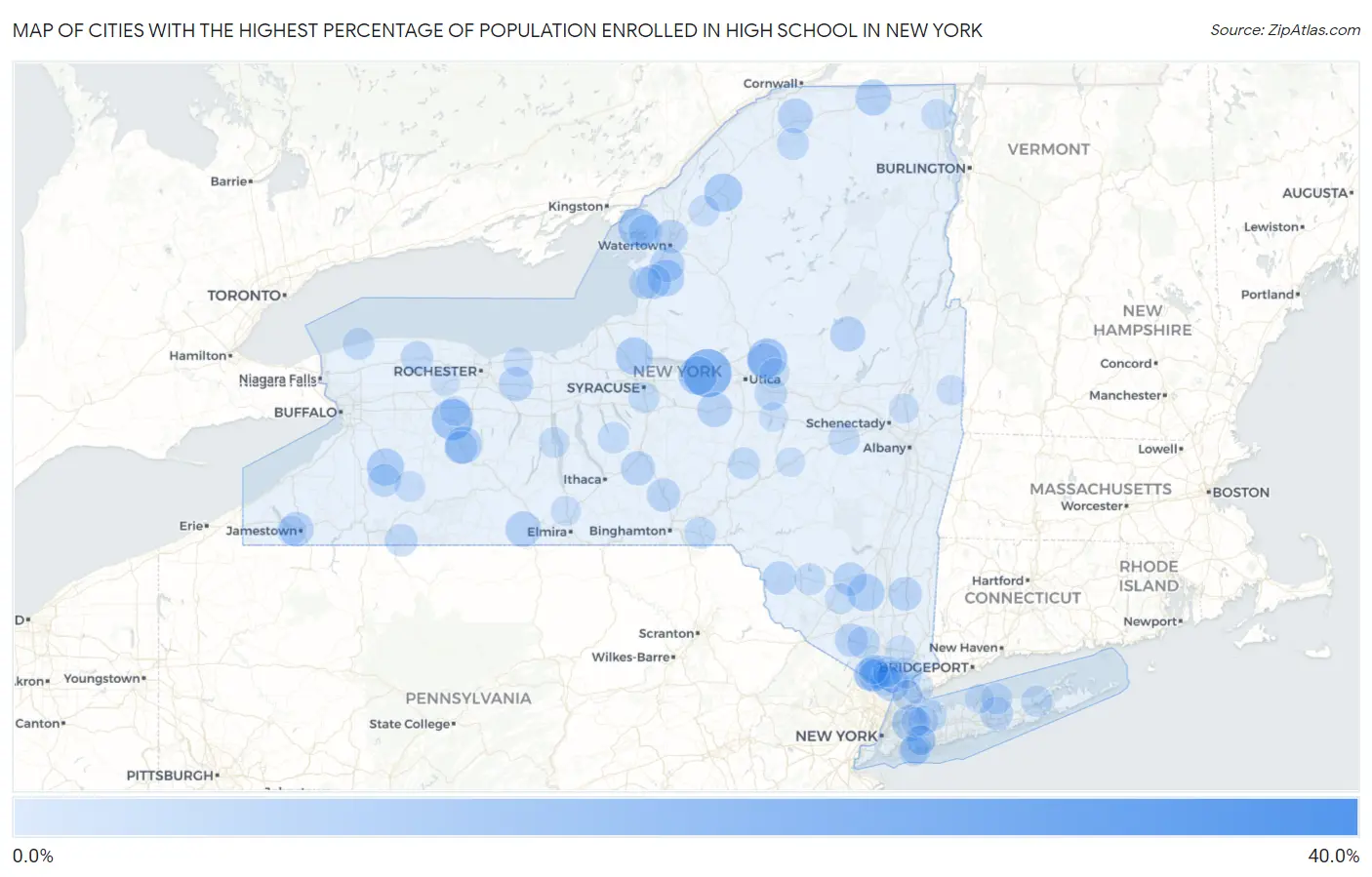 Cities with the Highest Percentage of Population Enrolled in High School in New York Map