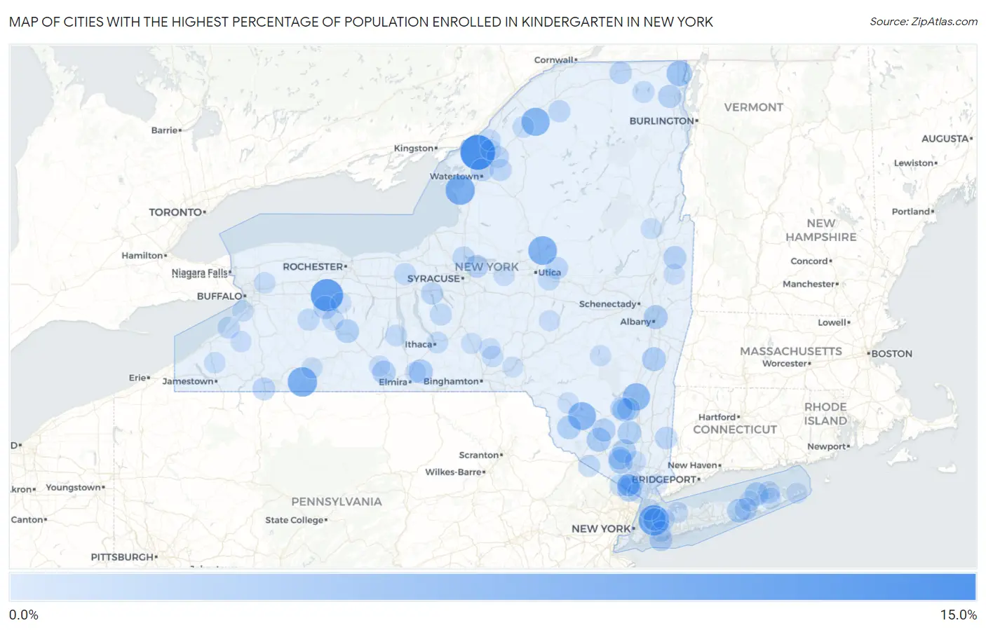 Cities with the Highest Percentage of Population Enrolled in Kindergarten in New York Map