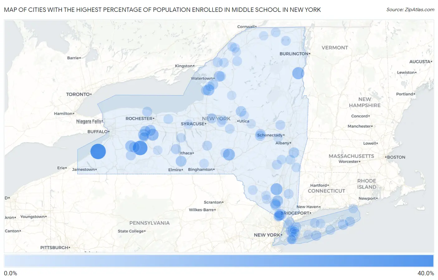 Cities with the Highest Percentage of Population Enrolled in Middle School in New York Map