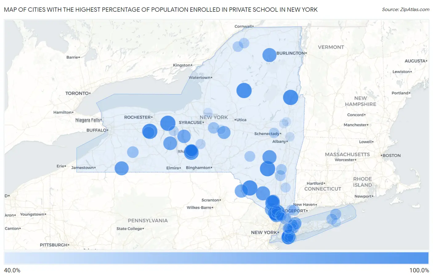 Cities with the Highest Percentage of Population Enrolled in Private School in New York Map