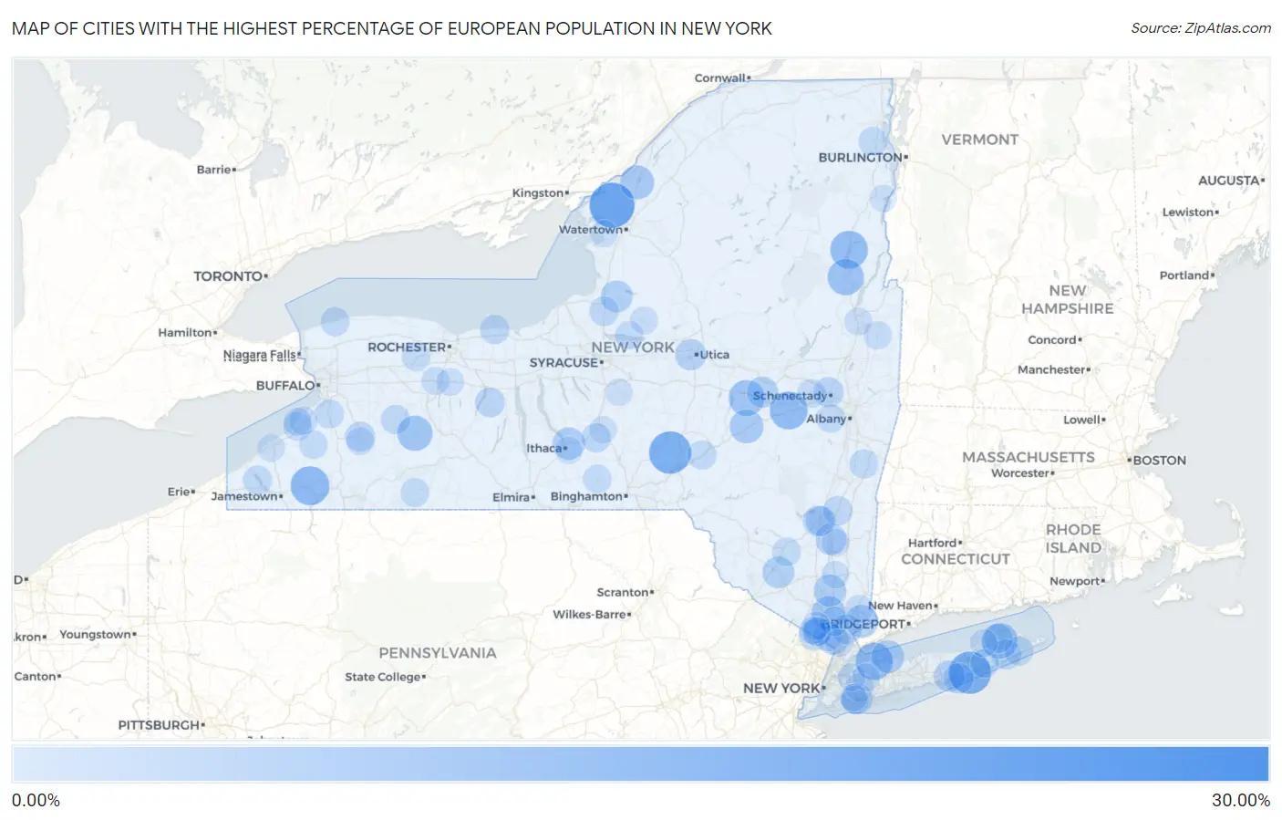 Cities with the Highest Percentage of European Population in New York Map