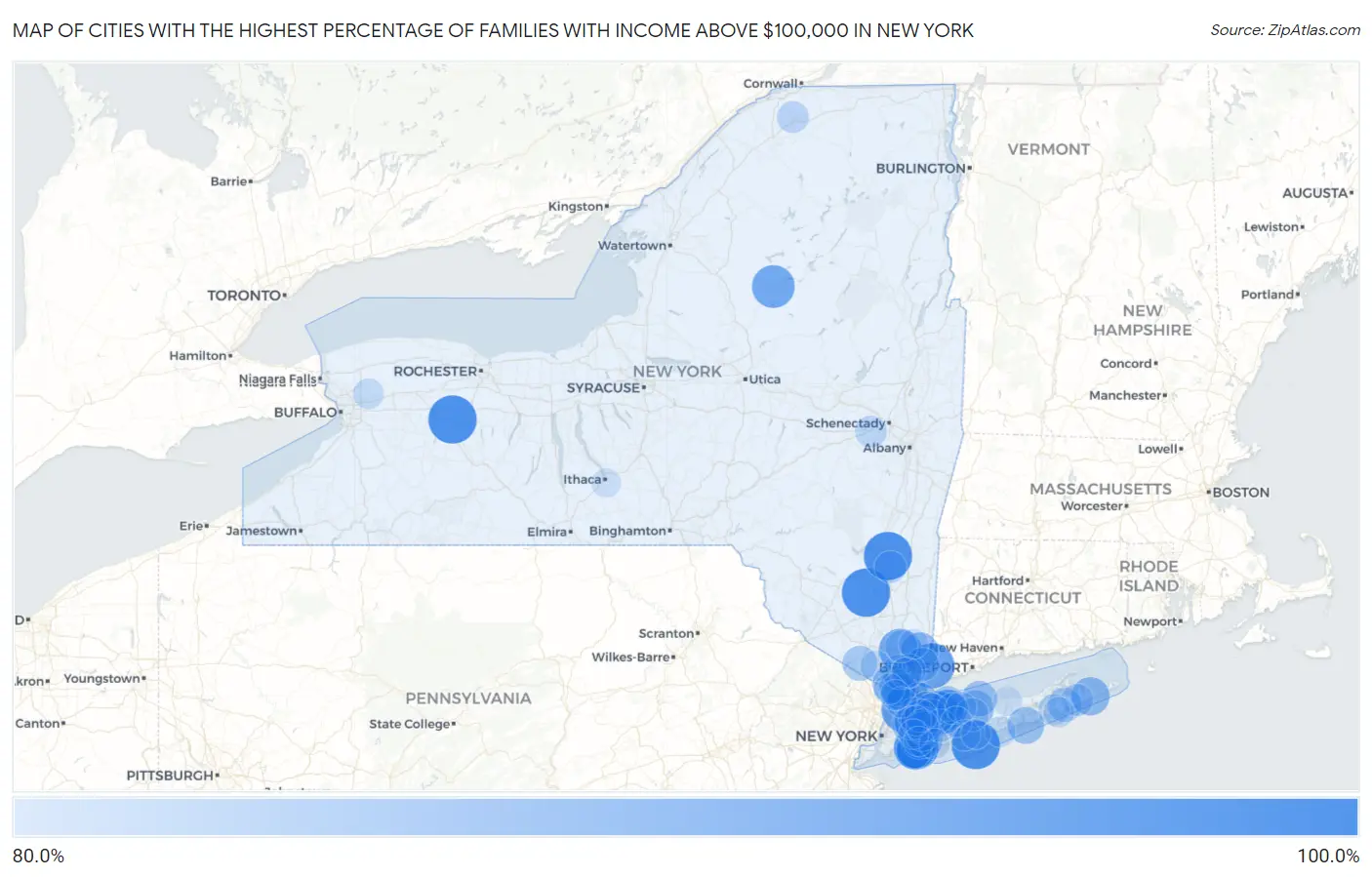 Cities with the Highest Percentage of Families with Income Above $100,000 in New York Map