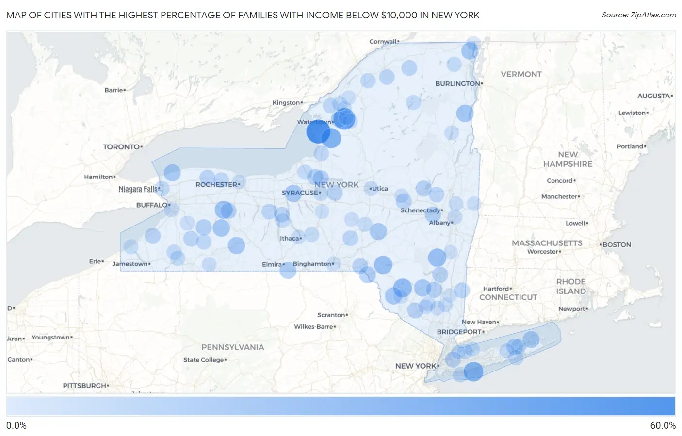 Cities with the Highest Percentage of Families with Income Below $10,000 in New York Map