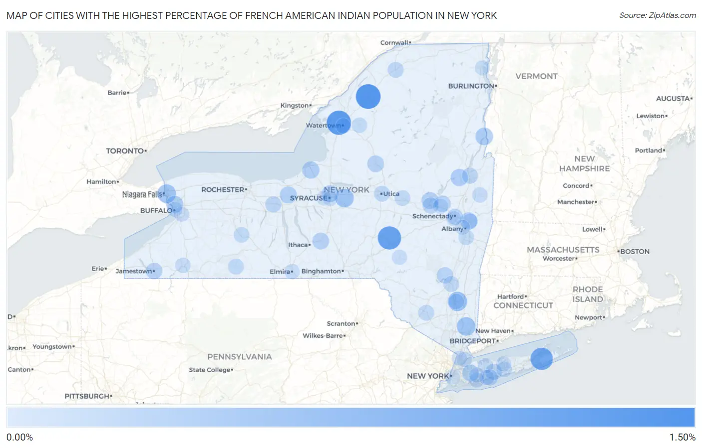 Cities with the Highest Percentage of French American Indian Population in New York Map