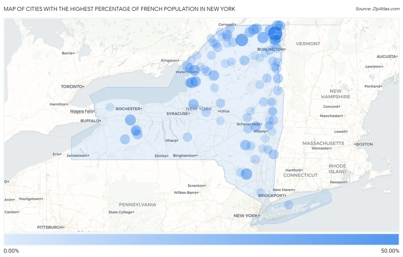 Cities with the Highest Percentage of French Population in New York Map
