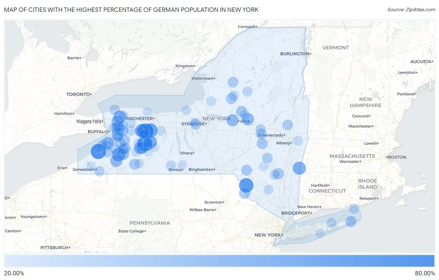 Cities with the Highest Percentage of German Population in New York Map