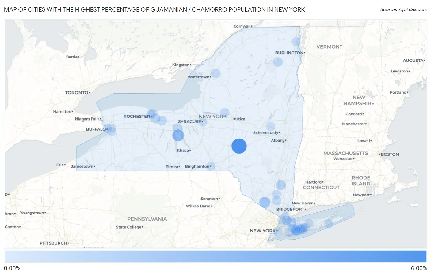 Cities with the Highest Percentage of Guamanian / Chamorro Population in New York Map