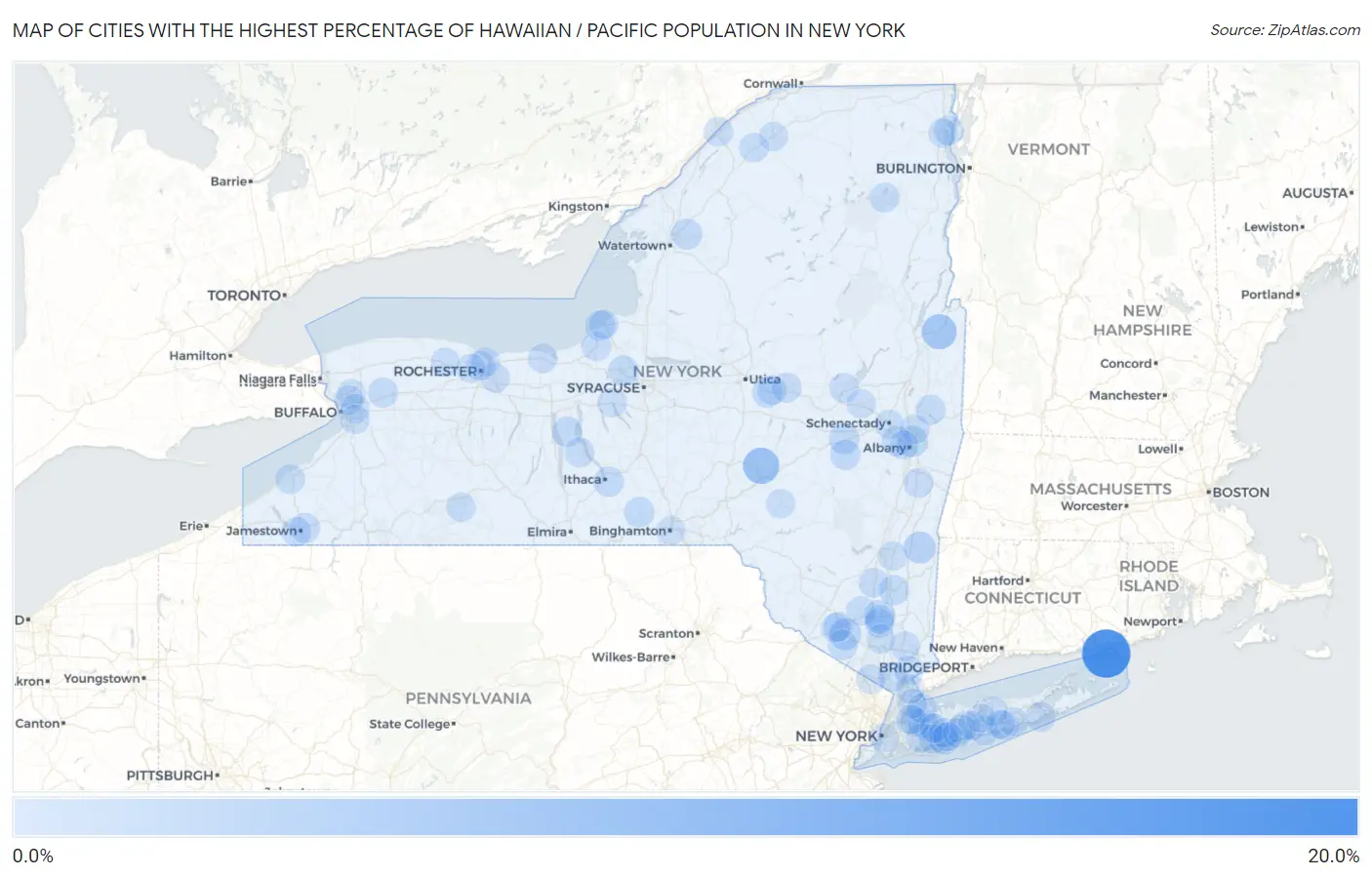 Cities with the Highest Percentage of Hawaiian / Pacific Population in New York Map