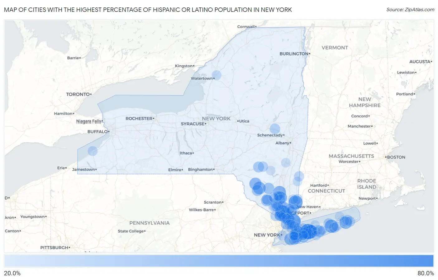 Cities with the Highest Percentage of Hispanic or Latino Population in New York Map
