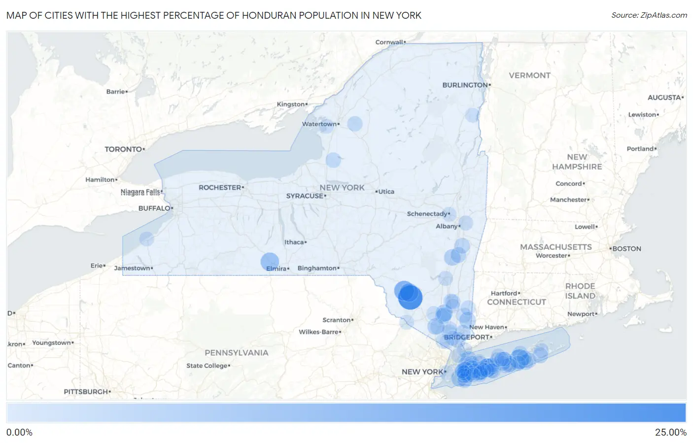 Cities with the Highest Percentage of Honduran Population in New York Map
